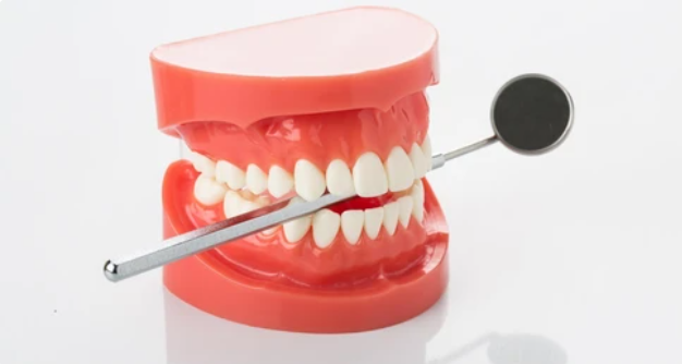 Denture model with dental mirror and scaler demonstrating oral care in Westlake, OH